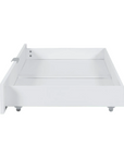Side profile of the underbed storage drawer in white, highlighting slim proportions and smooth sides designed to glide neatly under beds