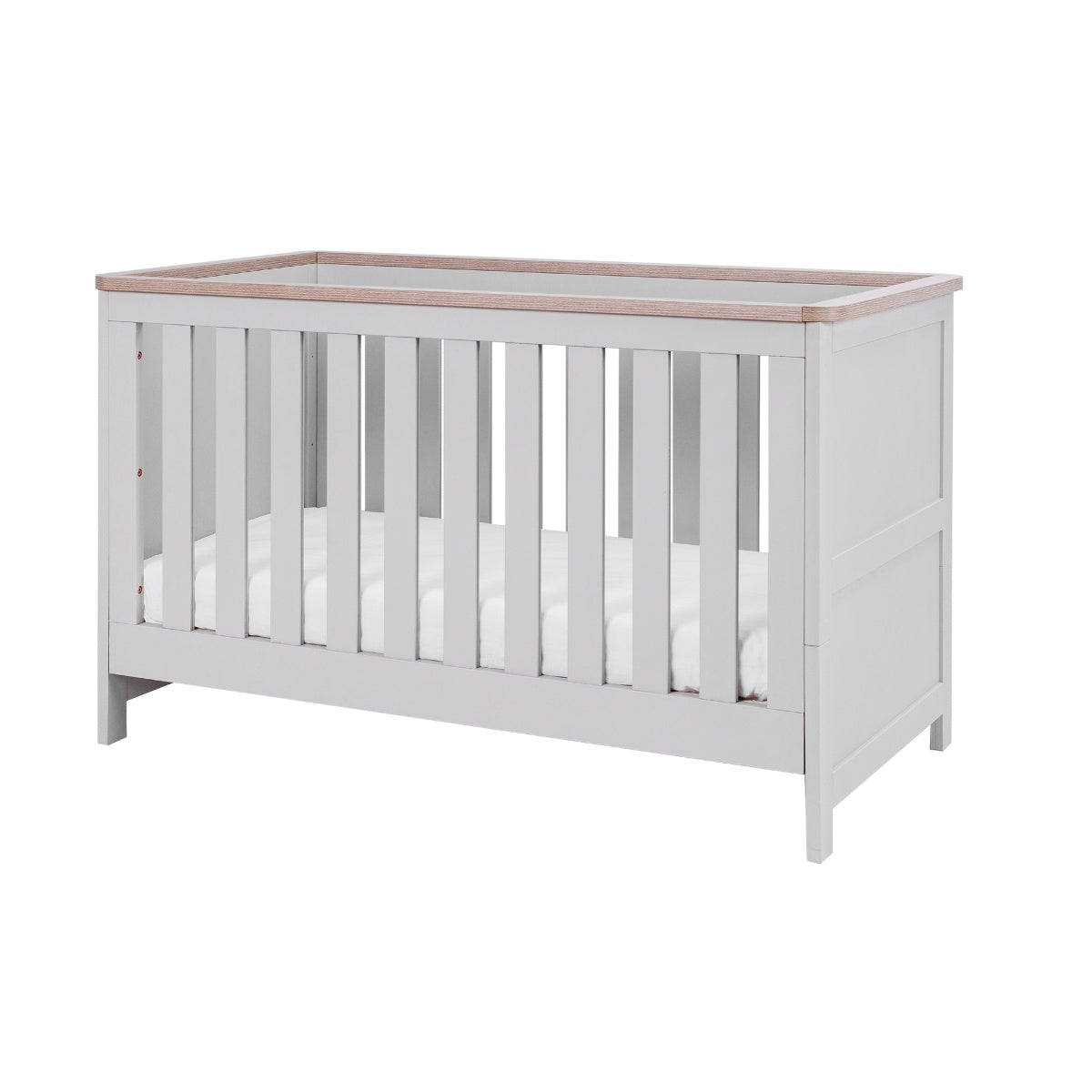 verona cot bed in dove grey and oak - converts from a cot to a toddler bed and day bed, offering long-lasting use from birth to around five years