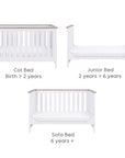 Verona cot bed in white and oak - shown in three configurations: standard cot, toddler bed, and sofa bed, suitable from birth to 6+ years.