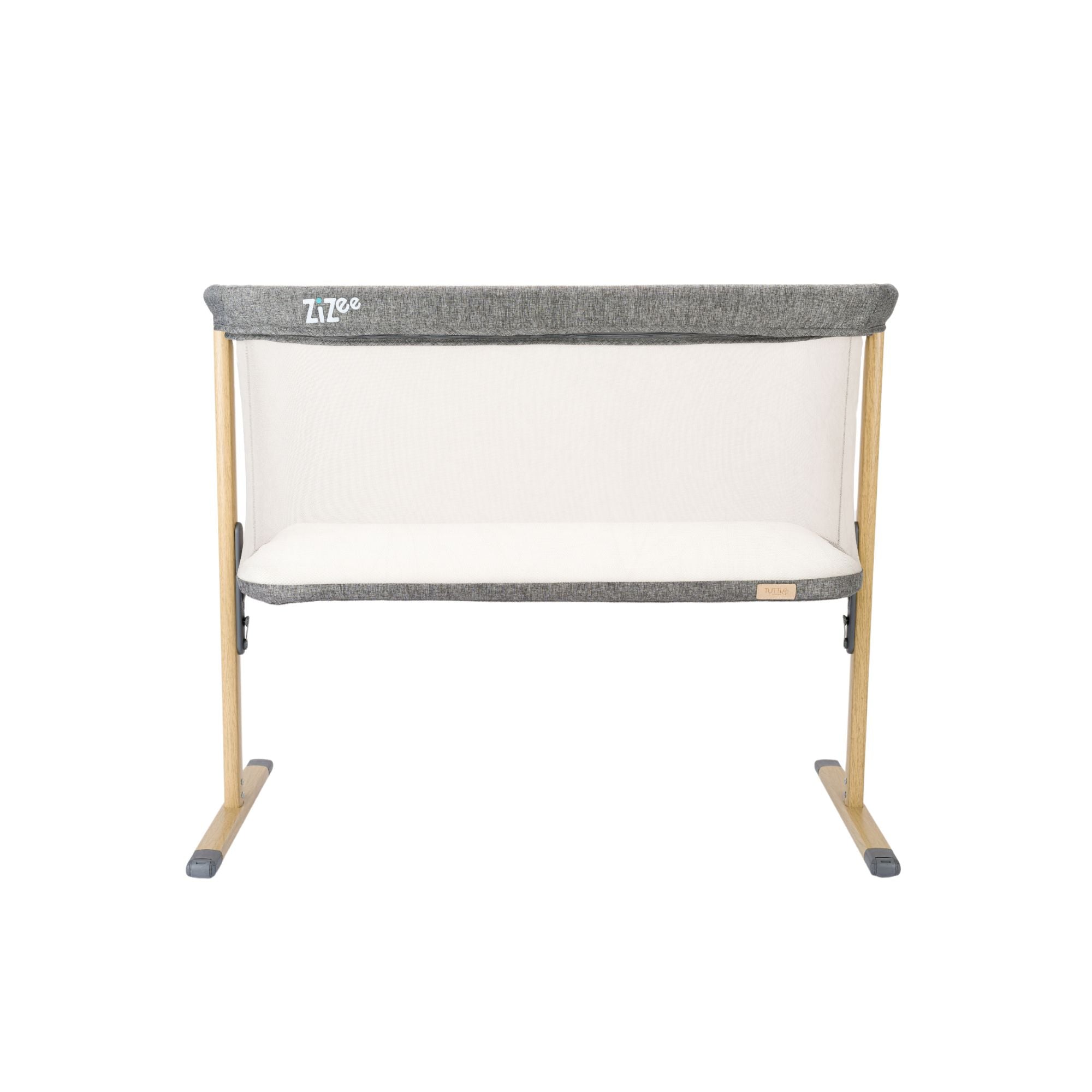 Baby crib with grey top, mesh panel and wooden legs on a white background