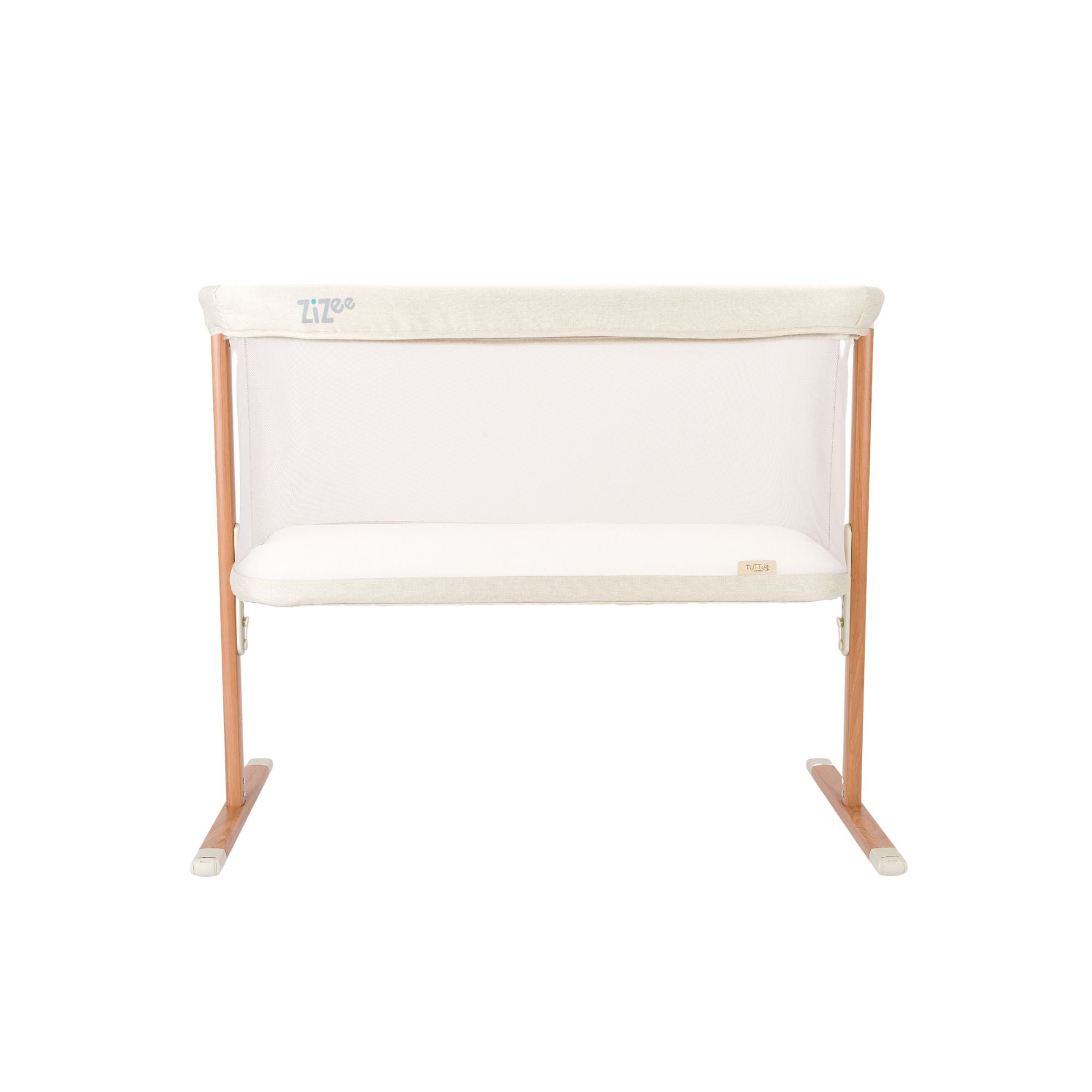 White crib with wooden frame on a white background